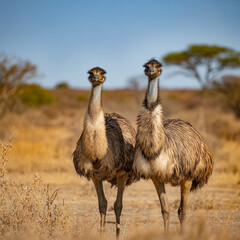 Two Emus Standing Proudly in a Dry Landscape bird wildlife