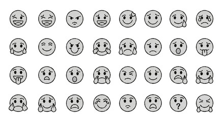 Collection of various grayscale emoticon faces expressing different emotions.