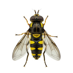 An ultra-realistic macro shot of a hoverfly (Syrphid fly) from top-down perspective, showcasing black and yellow striped abdomen, compound eyes, transparent wings, and fine hairs, isolated on a clean