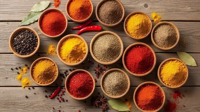Colorful spices in wooden bowls on rustic table