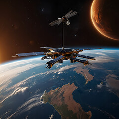 Obraz premium Futuristic Satellite in Orbit with Solar Panels and Antennae Space Exploration.