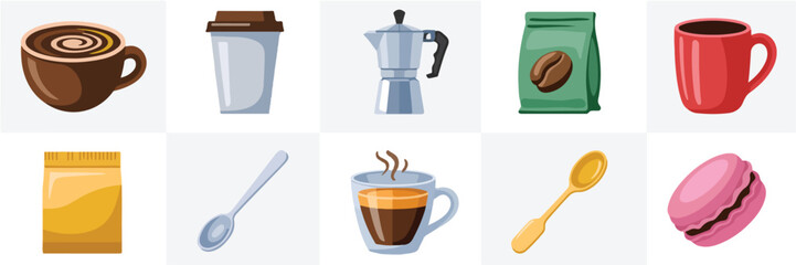 Coffee cup travel mug moka pot coffee bag red mug yellow packet silver spoon steaming coffee glass spoon pink macaron vector png isolated on white clipping path cutout background, bundle set 2025, 202