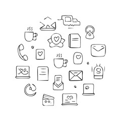 Charming dark illustration featuring line art icons of coffee, laptops, envelopes, and other office objects against a black background.