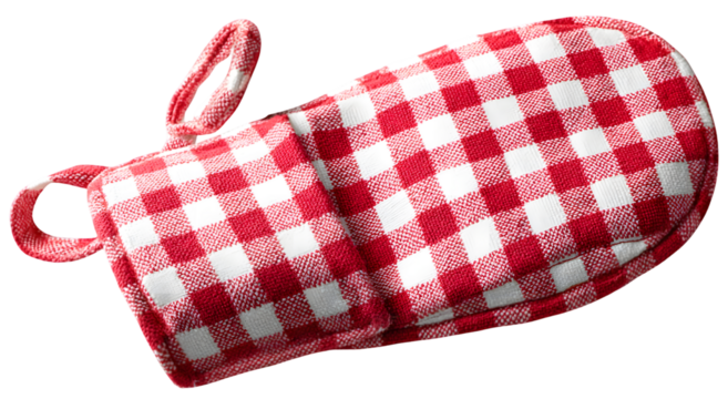 Red and white checkered oven mitt with handles.