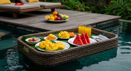 Floating Breakfast Tray with Tropical Fruits and Juice in a Swimming Pool, Bali Vacation Lifestyle