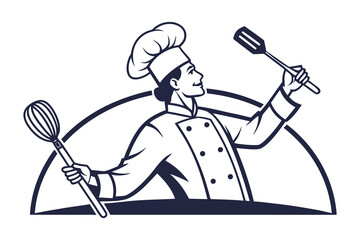 Naklejka premium Culinary Maestro: A skilled chef, brandishing tools of the trade against a minimalist backdrop, ready to craft gourmet delights, capturing the essence of culinary mastery.