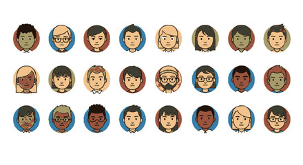 Collection of diverse cartoon faces in circles, showing a variety of ethnicities, hairstyles, and expressions.