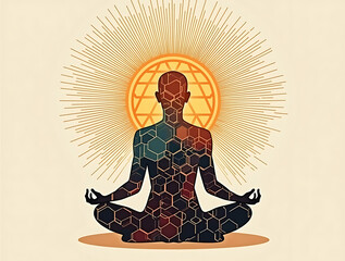 Meditative Figure Formed with Hexagons and Mandala Lines in Earth Tones, AI-generated