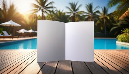 blank white brochure mockup on wooden deck by pool