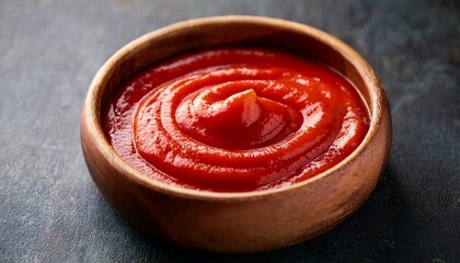 close up of vibrant red tomato sauce swirled neatly in a round wooden bowl on a dark textured surface