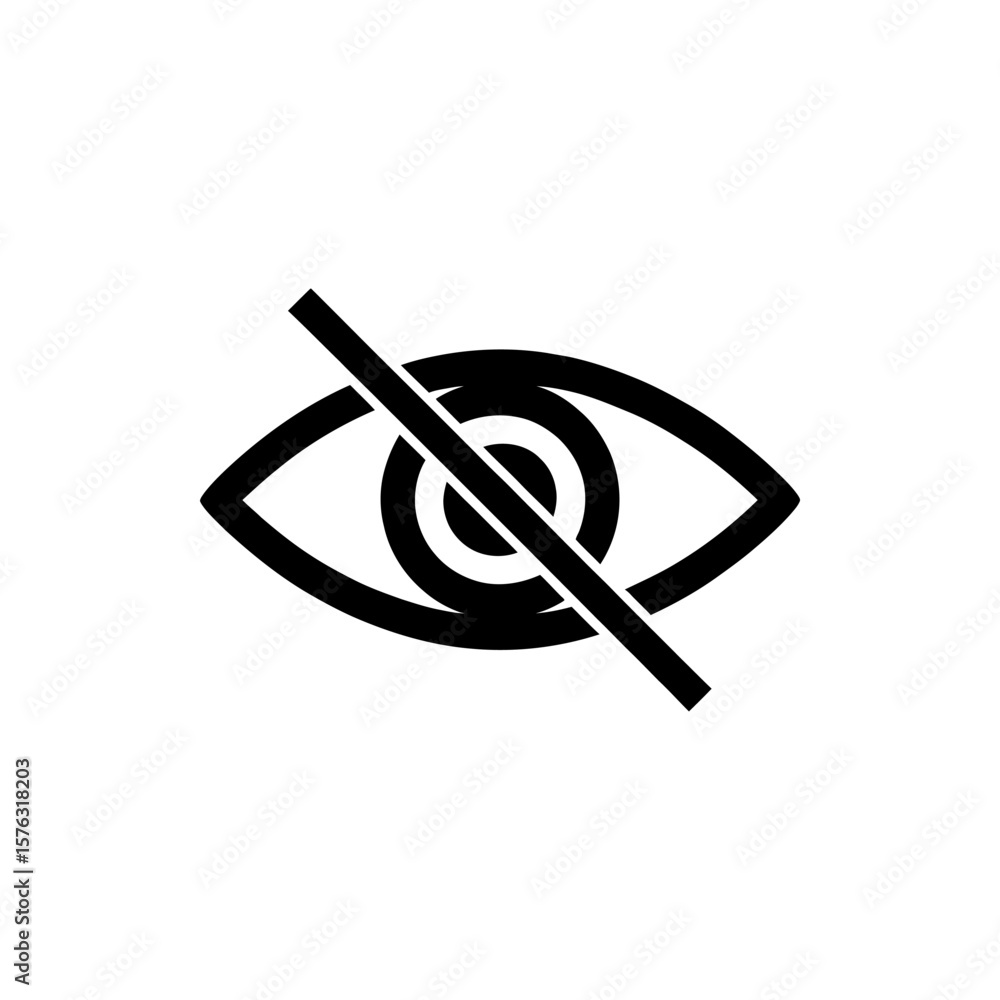 Poster black stylized eye icon with a diagonal line crossing through the pupil signifying no visibility or 