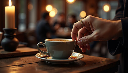 Close-up of a nervous hand holding a coffee cup in a romantic cafe  