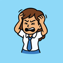 Angry cartoon school girl pulling hair in frustration