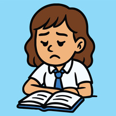 Sad student girl reading book alone.