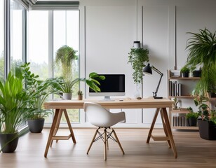Fototapeta premium bright modern home office with large and lush green indoor plants
