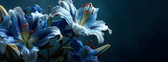 Lily Funeral Wake order of service invitation background banner concept - traditional atmospheric respectful condolences theme deep blue background with space for message