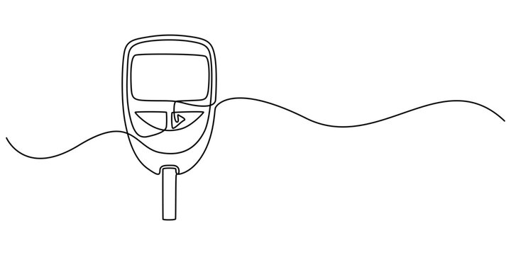Glucometer one line drawing. Single continuous diabetes check, One continuous line drawing of Blood glucose meter test illustration. glucometer pharmacy equipment outline, diabetes meter, Minimalist.