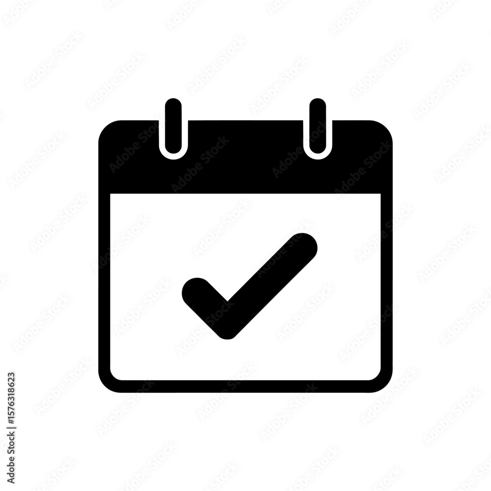 Poster simple black calendar icon with a checkmark symbol indicating a completed task or important date