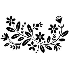 Black floral ornament with leaves and small flowers