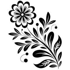 Black and white floral design with flower and leaves