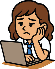 Student girl sitting at laptop looking tired.