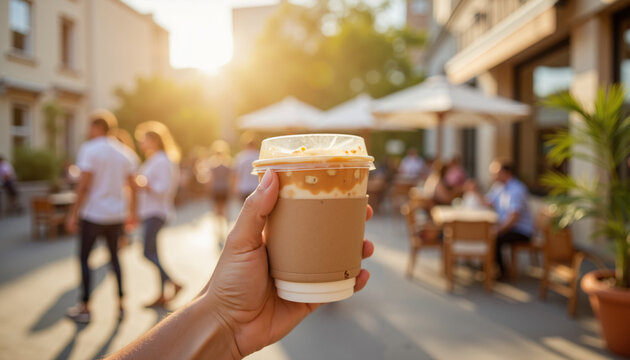 Nervous hand holding coffee cup in vibrant outdoor cafe setting  