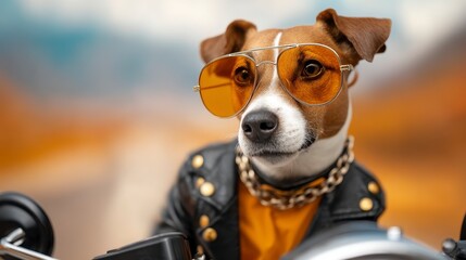 A cool dog in sunglasses and a jacket rides a motorcycle like a true biker. Stylish canine adventurer enjoys a thrilling motorbike journey clad in protective gear.