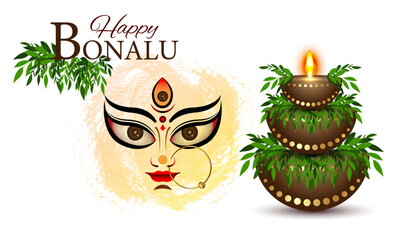 Happy Bonalu, traditional Telugu Festival in Telangana State, Hyderabad, Secunderabad. Banner of Bonalu Panduga Subakanshalu. Vector illustration isolated on white background