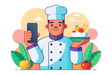 Chef Showing Dish on Smartphone: A smiling chef in a pristine white toque and jacket proudly displays a delicious-looking dessert on a plate while simultaneously showcasing it on his smartphone.