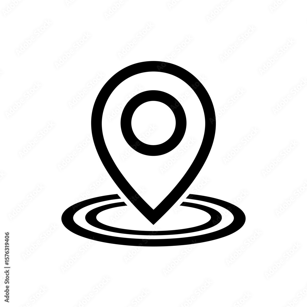 Poster simple black location pin icon with concentric circles indicating a point on a map