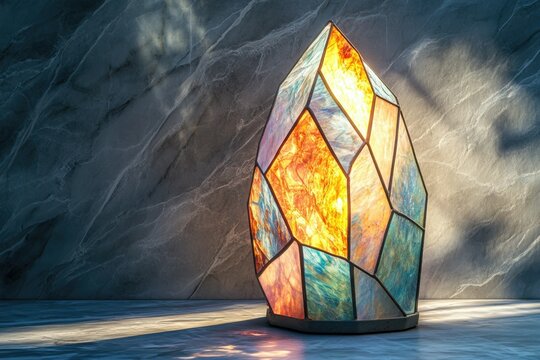 Illuminated stained glass lamp shaped like a gemstone, casting warm light.
