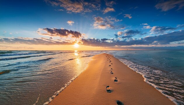 wonderful summer sunrise on baltic sea with the end of the sand spit with a lots of footsteps amazing endless clouds in blue sky picturesque morning scene of rewa public beach poland europe