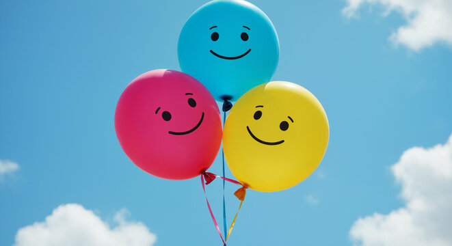 Three colorful balloons with smiley faces floating against a bright blue sky with soft clouds