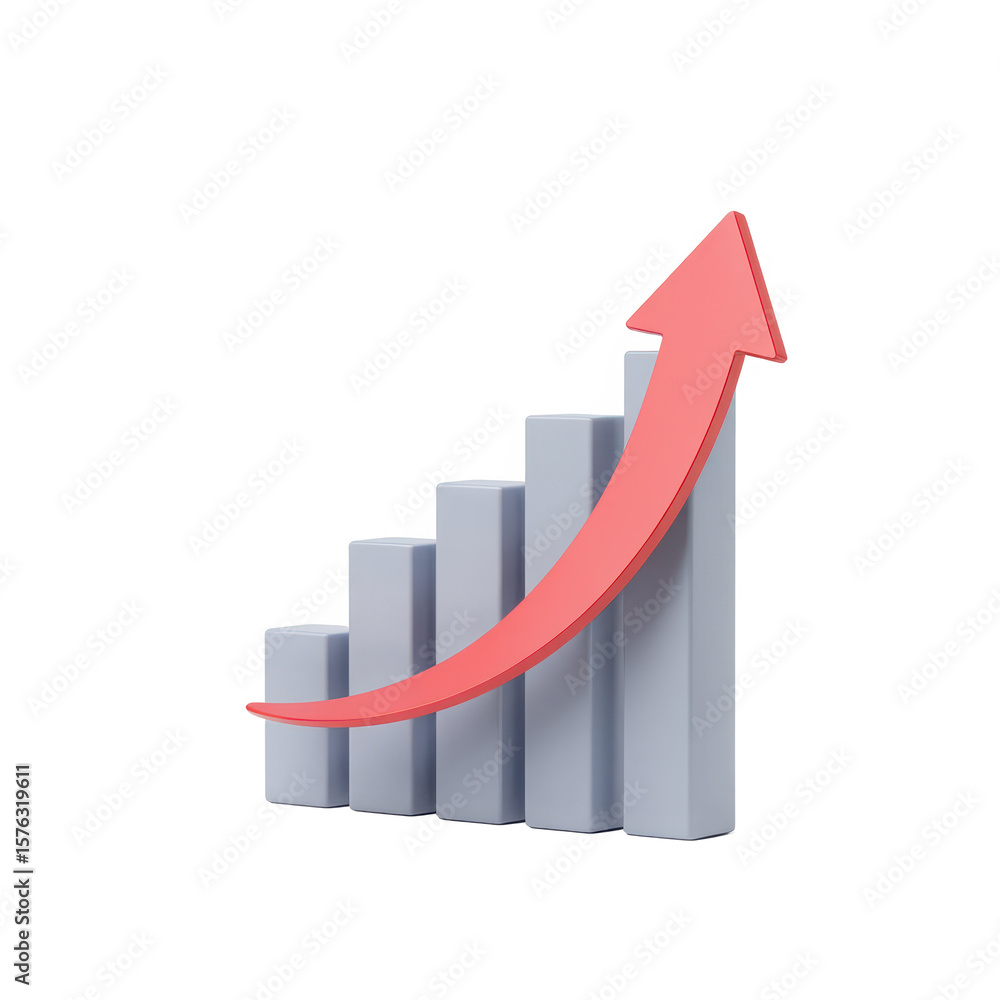Poster 3d rendering of a red arrow curving upwards over a series of light blue bars representing growth and