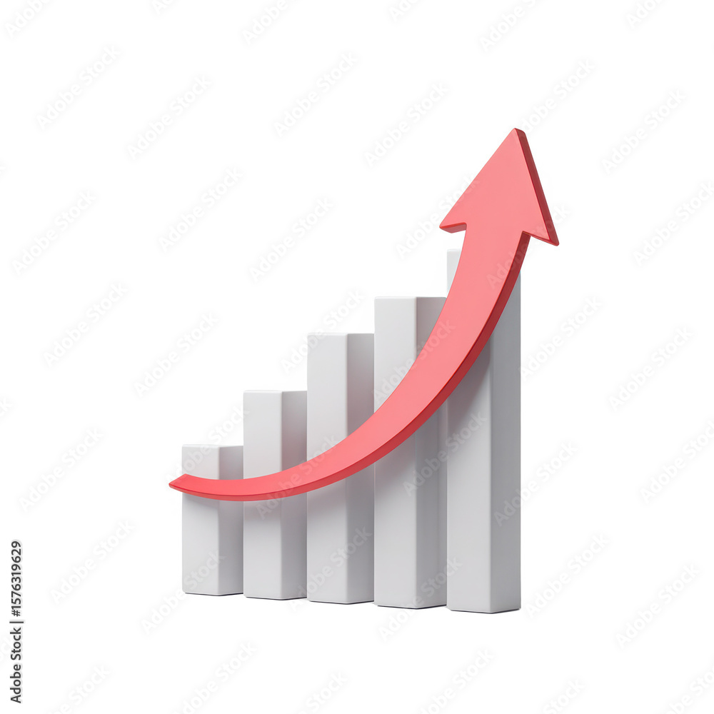 Aufkleber red upward trend arrow graph with white bars showing growth and success isolated on transparent back
