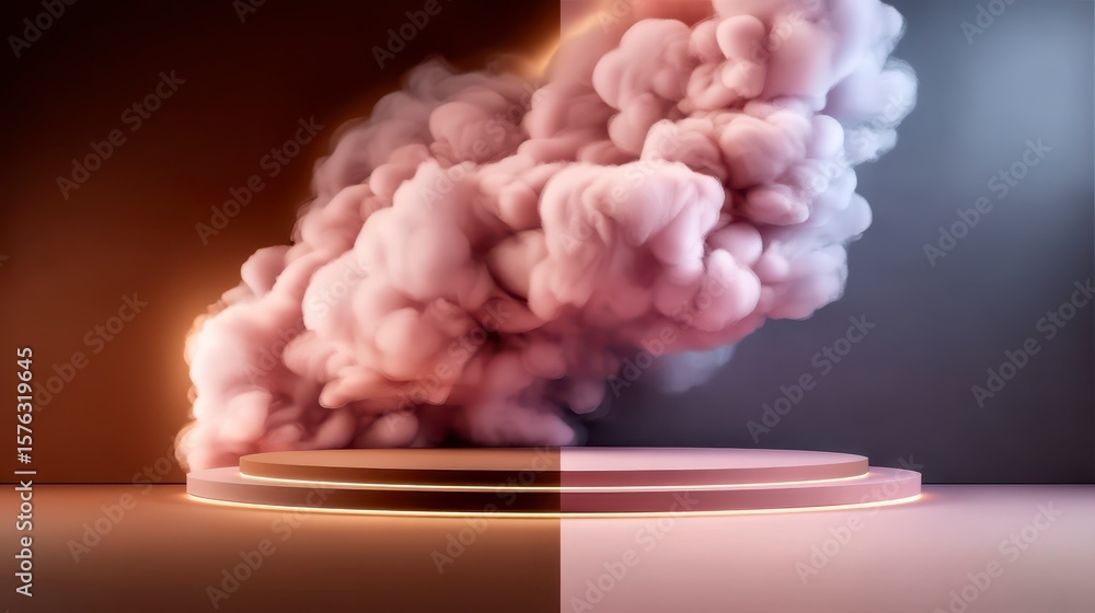 Poster abstract illustration of room floor stage background with fog mist white cloud generative ai. ethere