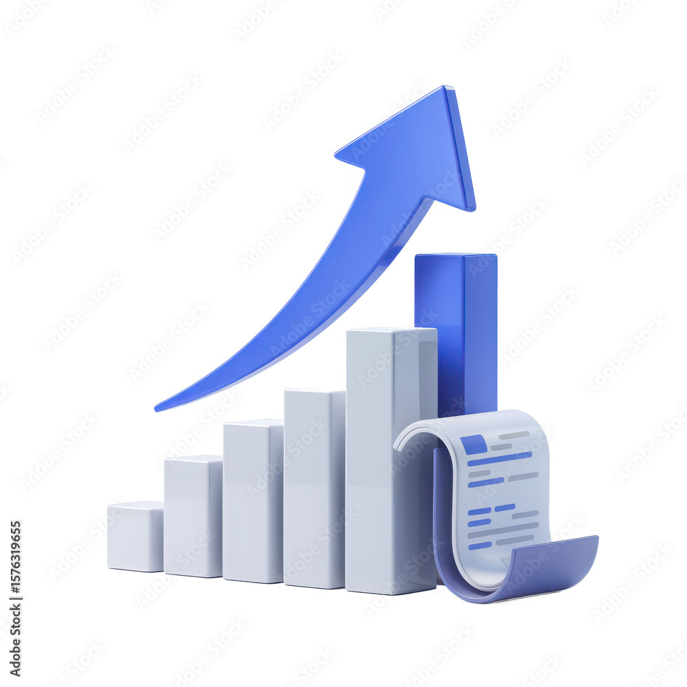 Poster 3d bar chart with upward arrow and financial document isolated on transparent background