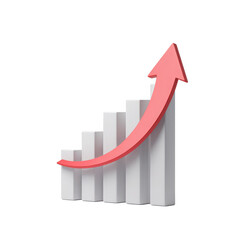 Red upward trend arrow graph with white bars showing growth and success isolated on transparent background