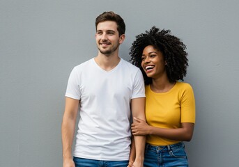 Joyful interracial couple in casual wear holding hands against a gray wall