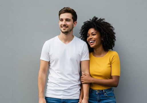 Joyful interracial couple in casual wear holding hands against a gray wall