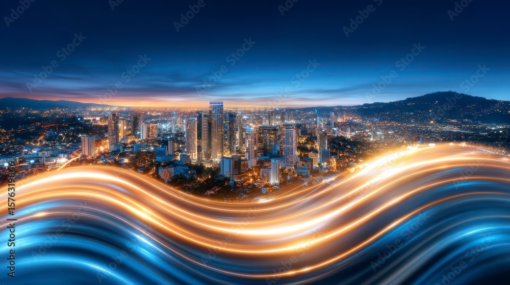 Poster abstract smart network and connection technology concept in city at night for business web banner bu