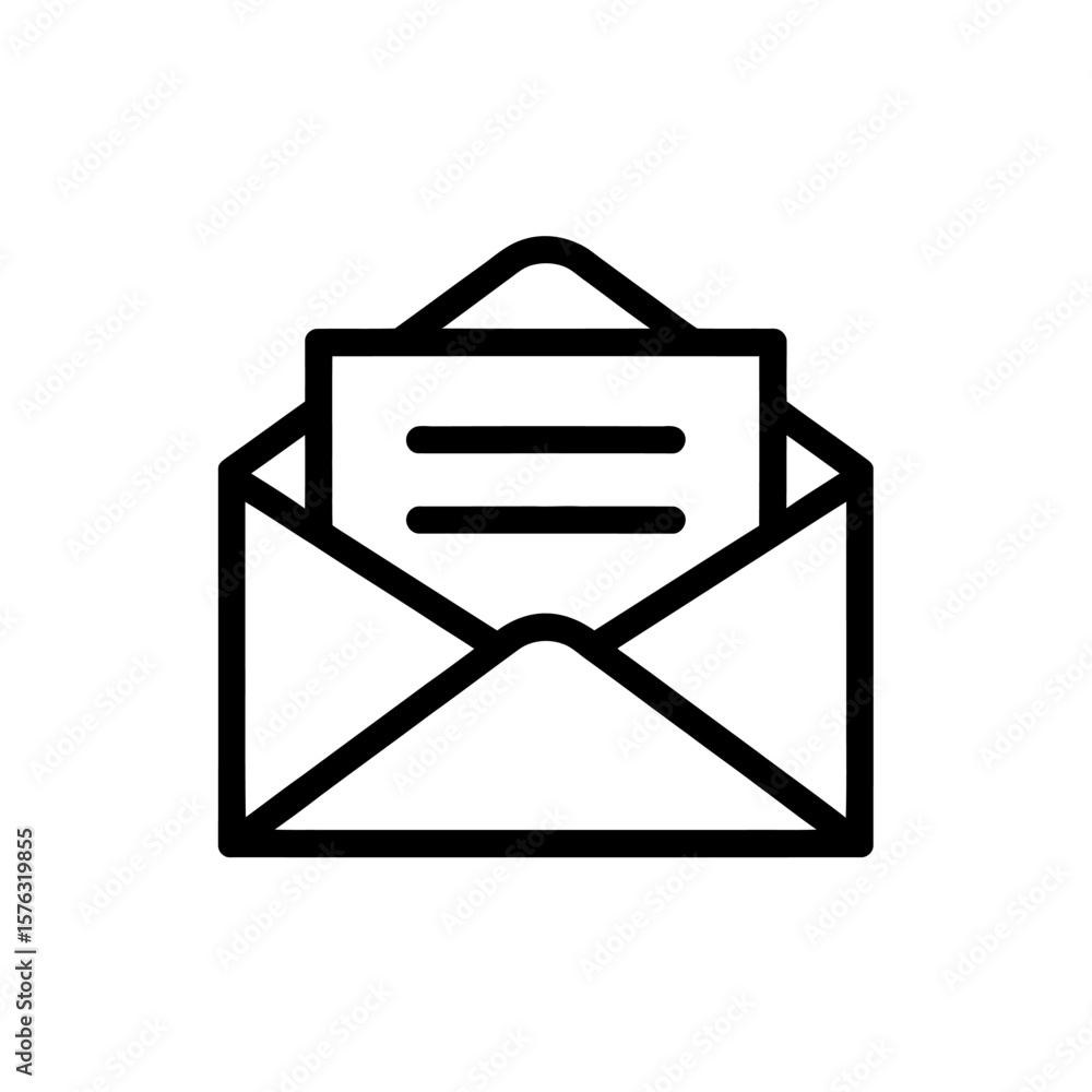 Poster simple black outline icon of an open envelope with a letter inside on a white background