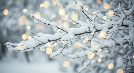Fototapeta premium Snow Covered Branch with Winter Lights Decoration