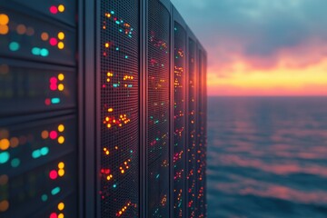 Glowing server racks at sunset, representing digital infrastructure and global connectivity.