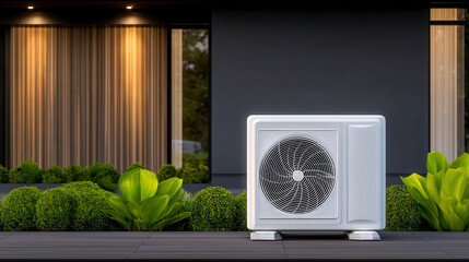 An energy efficient air heat pump installed beside a contemporary home. A modern dwelling s eco friendly climate control system a high efficiency heating solution for optimal home comfort.