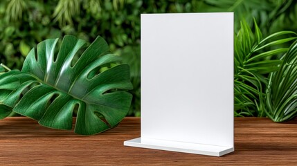 Blank tabletop sign holder in modern interior with greenery ideal for displaying promotions menus or advertisements in a stylish setting. Elegant acrylic display stand for retail spaces