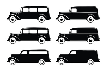 Classic Transportation Silhouette: A striking silhouette of classic vehicles in black, showcasing an array of vintage cars from a bygone era.  Ideal for illustrating historical transport, restoration.