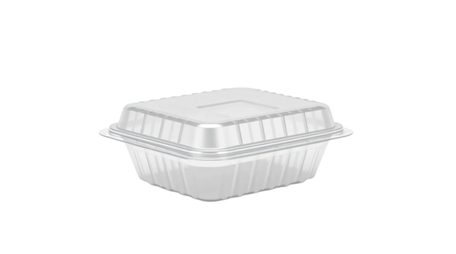 Blank plastic clamshell container suitable for food storage and packaging isolated on transparent background
