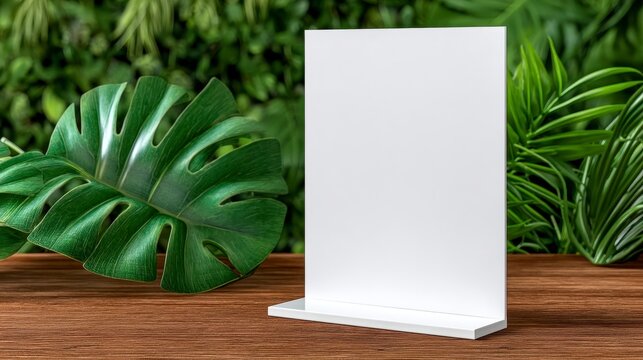 Blank tabletop sign holder in modern interior with greenery ideal for displaying promotions menus or advertisements in a stylish setting. Elegant acrylic display stand for retail spaces