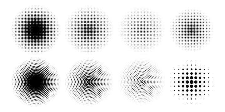 Half tone circle. Round dotted frame, circles pattern border and abstract halftone graphic design vector set